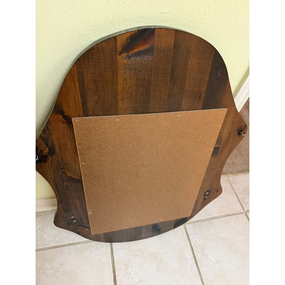 Vintage Wood Wall Mirror with The Blue Boy Ceramic Cameo and Brass Coat Hooks